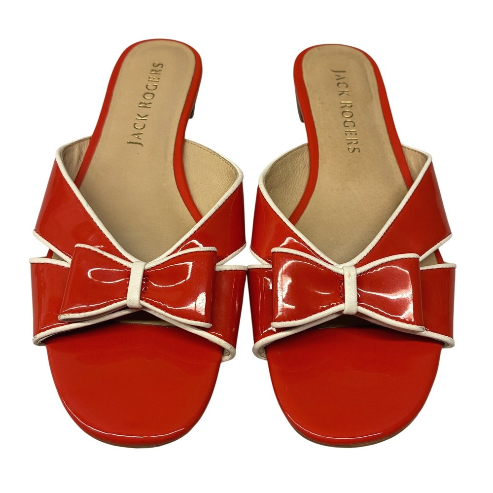 Jack Rogers Bow Patent Leather Slide Sandals Womens 8M Red White Preppy Resort